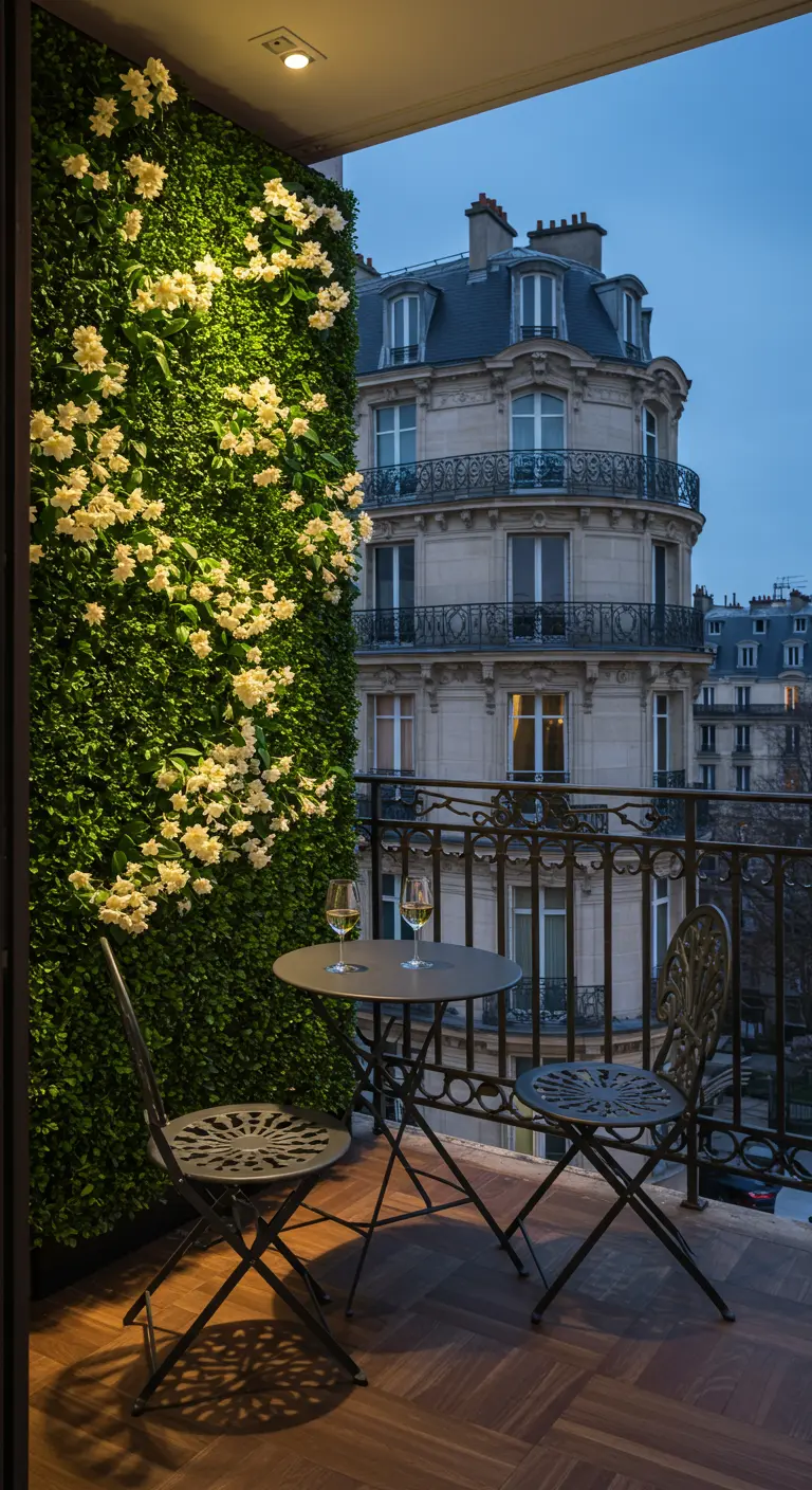 A Parisian balcony at twilight with a flowering green wall and a small bistro table set for two.