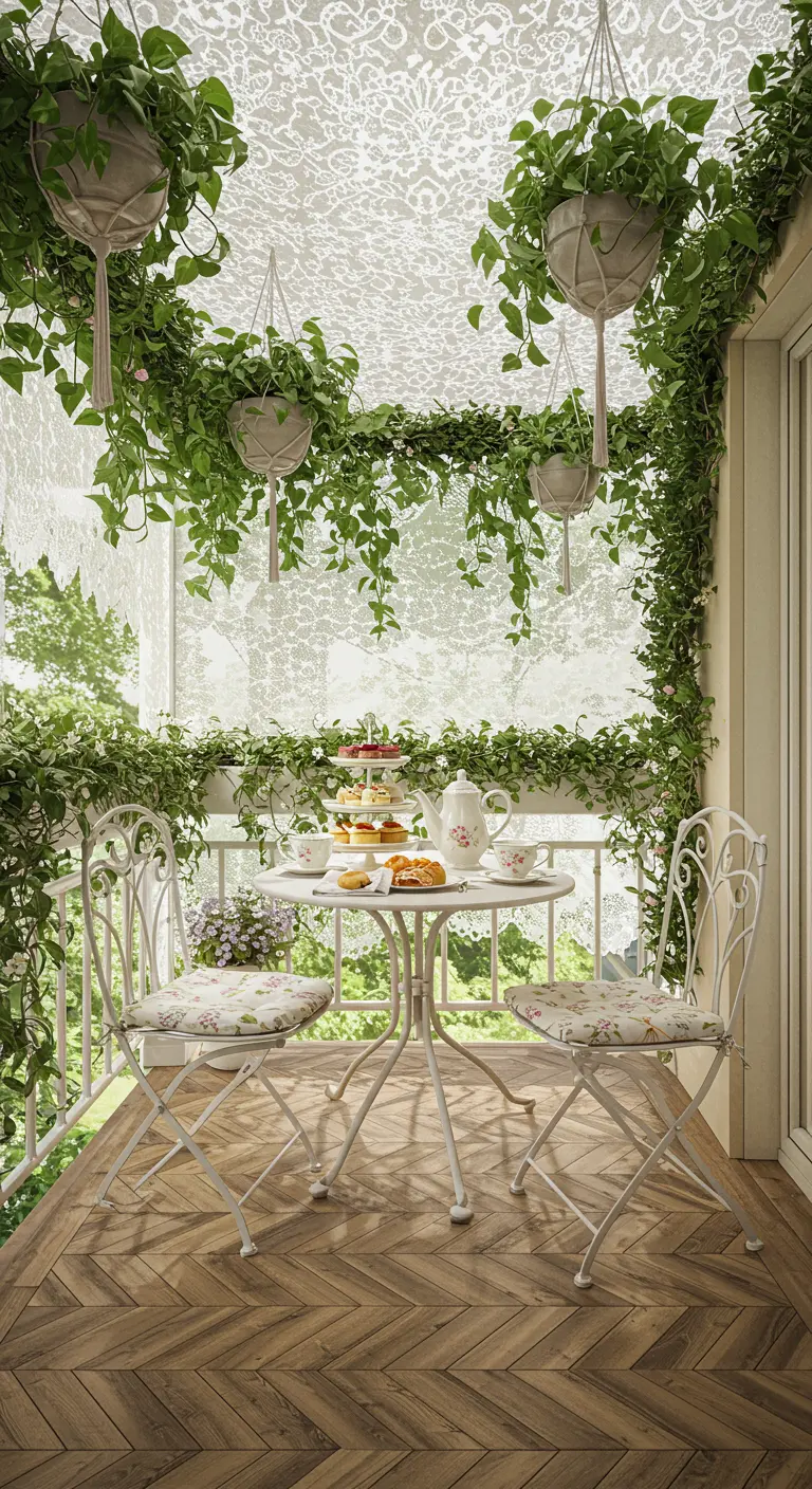 Romantic balcony with a lace canopy, white bistro set, and lush greenery.