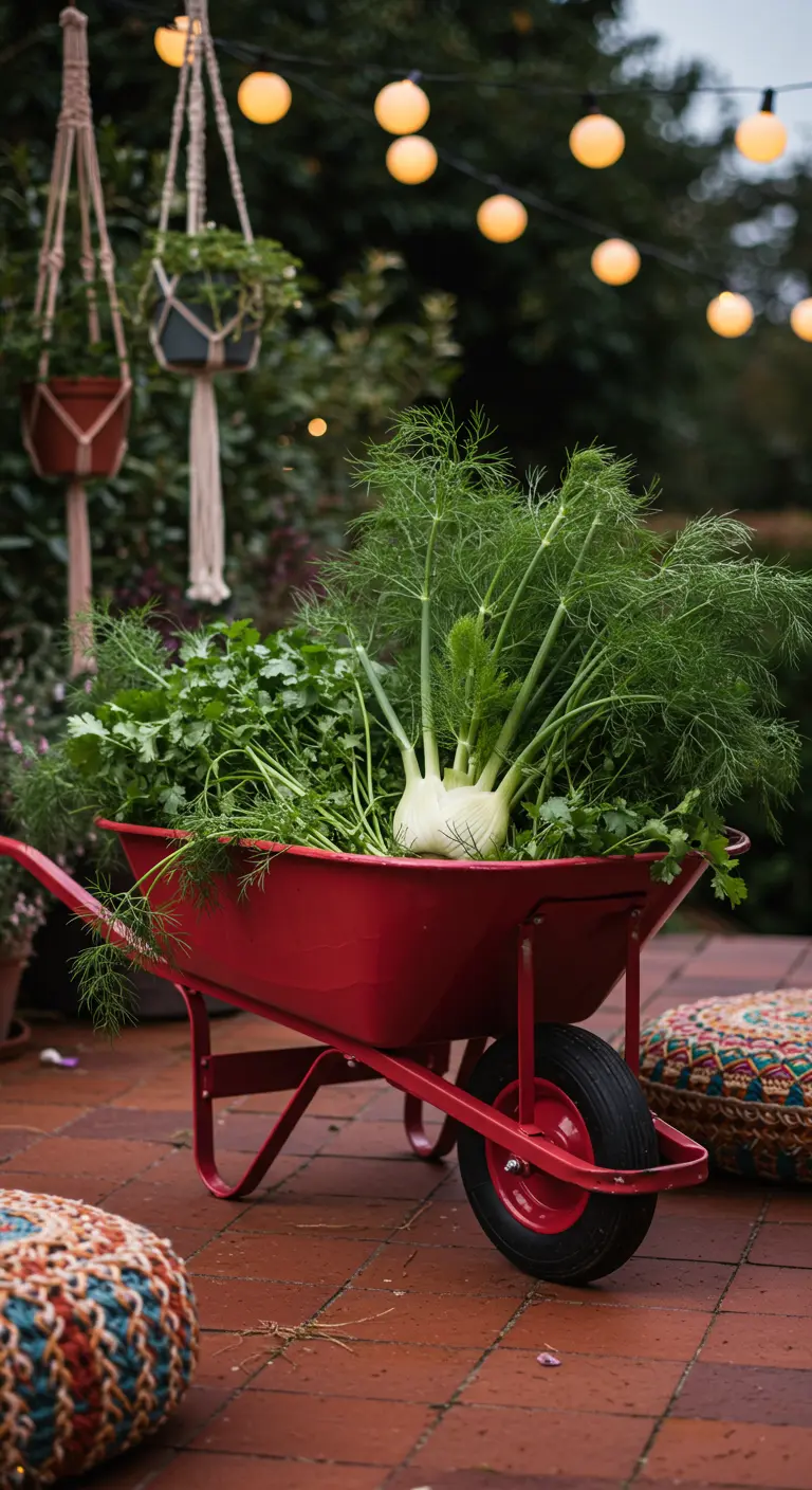 A bright red wheelbarrow overflowing with fennel and cilantro on a patio with boho decor.