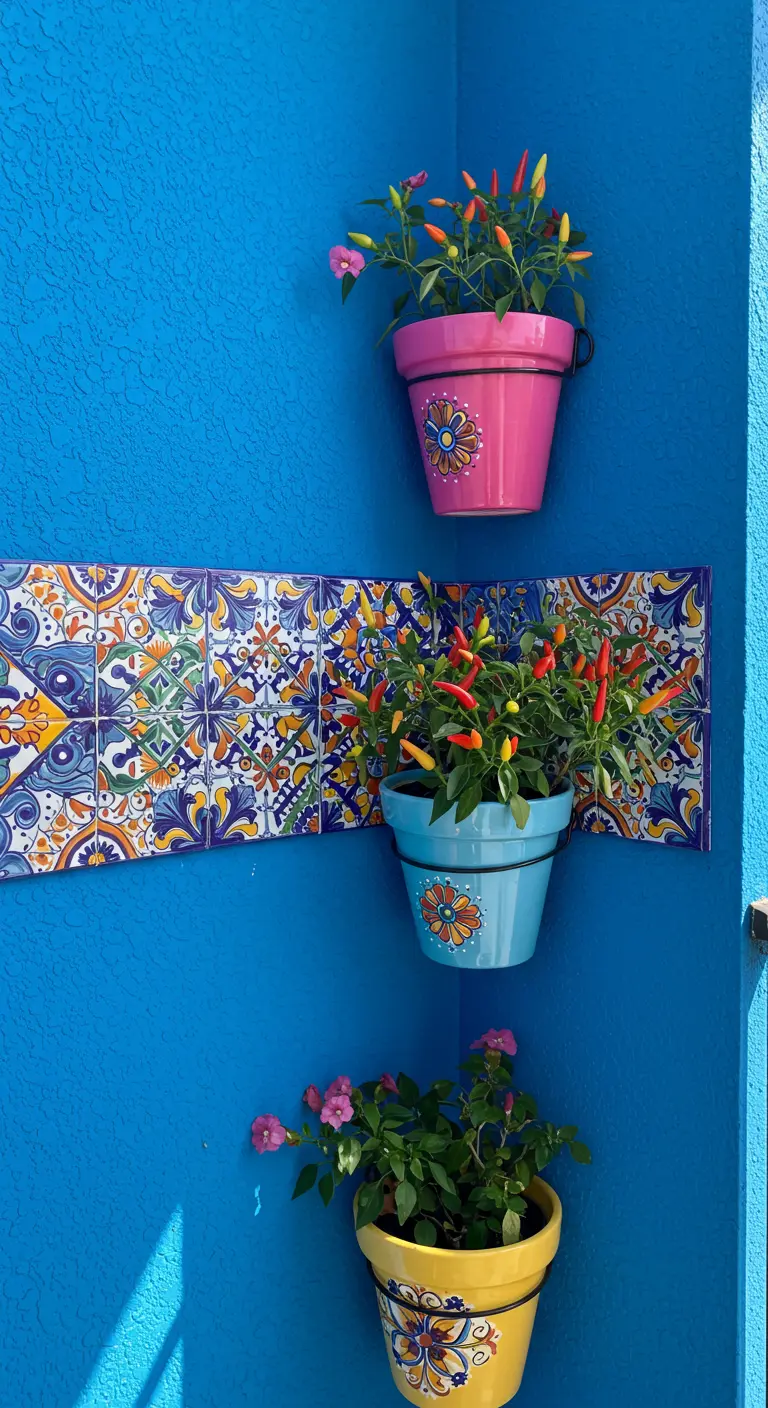 Bright blue balcony wall with colorful Mexican-style tiles and planters with ornamental peppers.