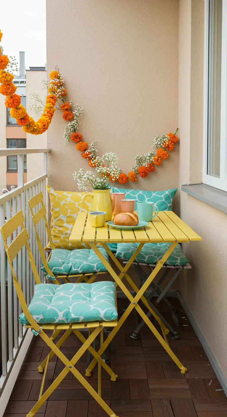 A small balcony with a yellow bistro set, turquoise cushions, and a bright marigold garland.