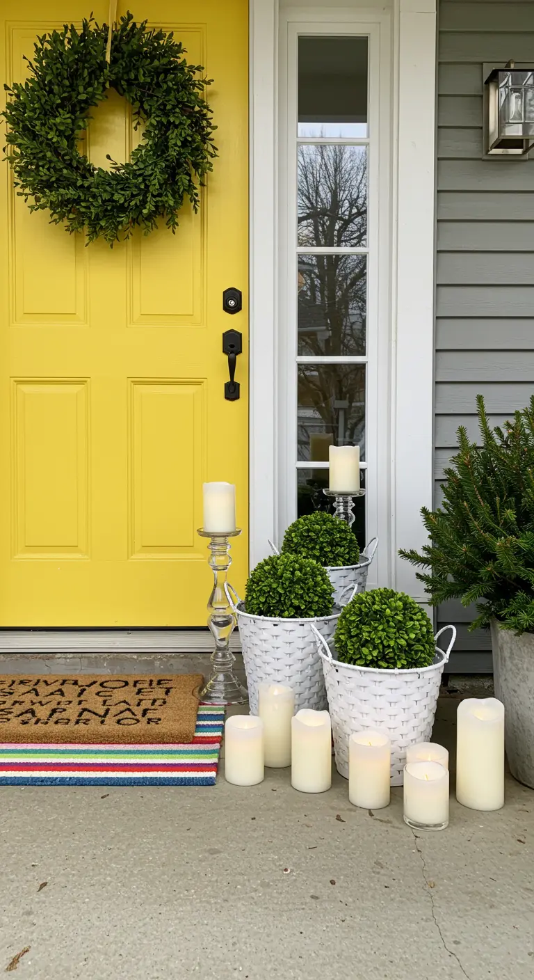 A bright yellow front door with a boxwood wreath, white baskets with shrubs, and white candles.