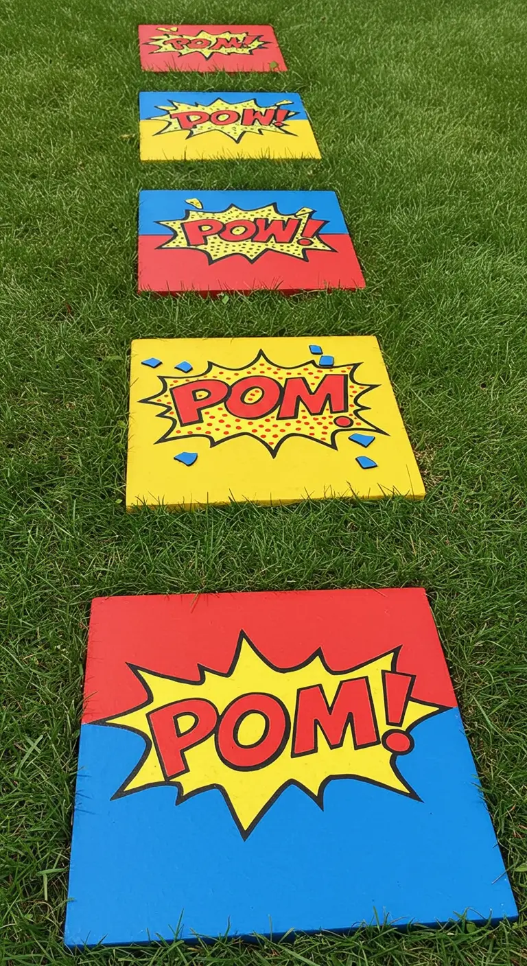 Square stepping stones painted with colorful, comic book-style 'POW!' explosions.