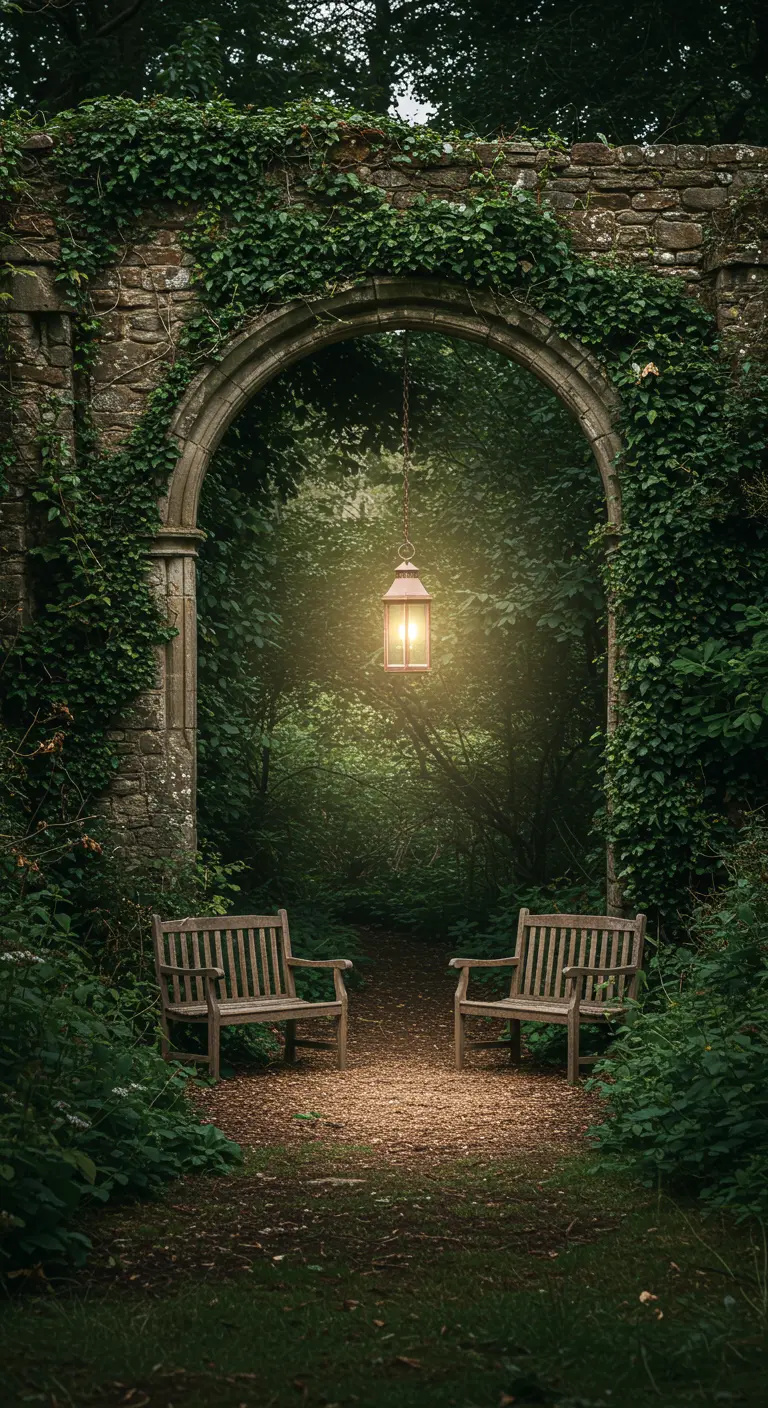 Two wooden benches face each other under a stone archway, lit by a single hanging lantern.