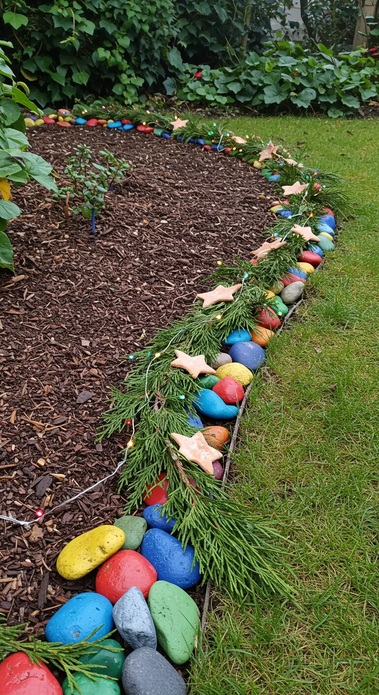 A garden edge made of brightly painted rainbow-colored stones, with evergreens and star ornaments.