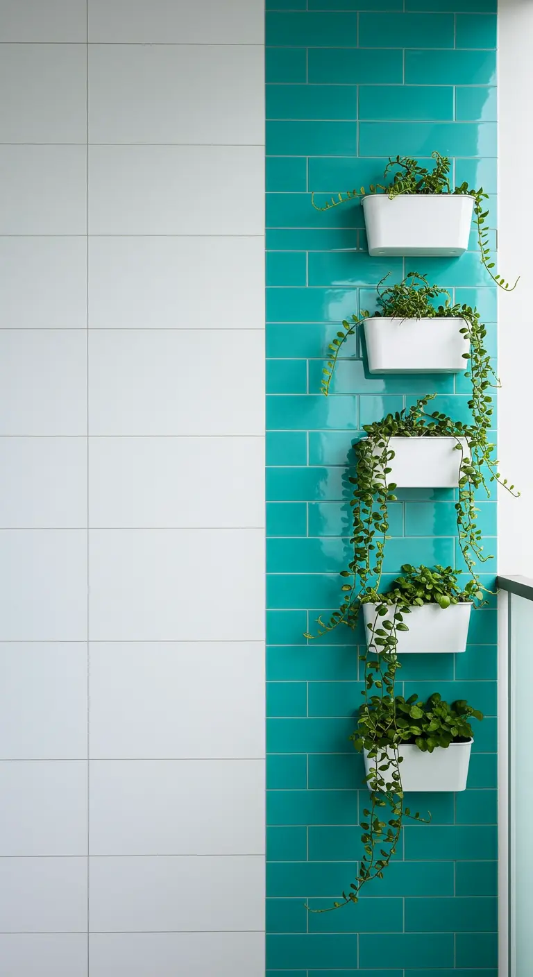 A modern balcony with a wall half white tile, half turquoise tile, with white planters.