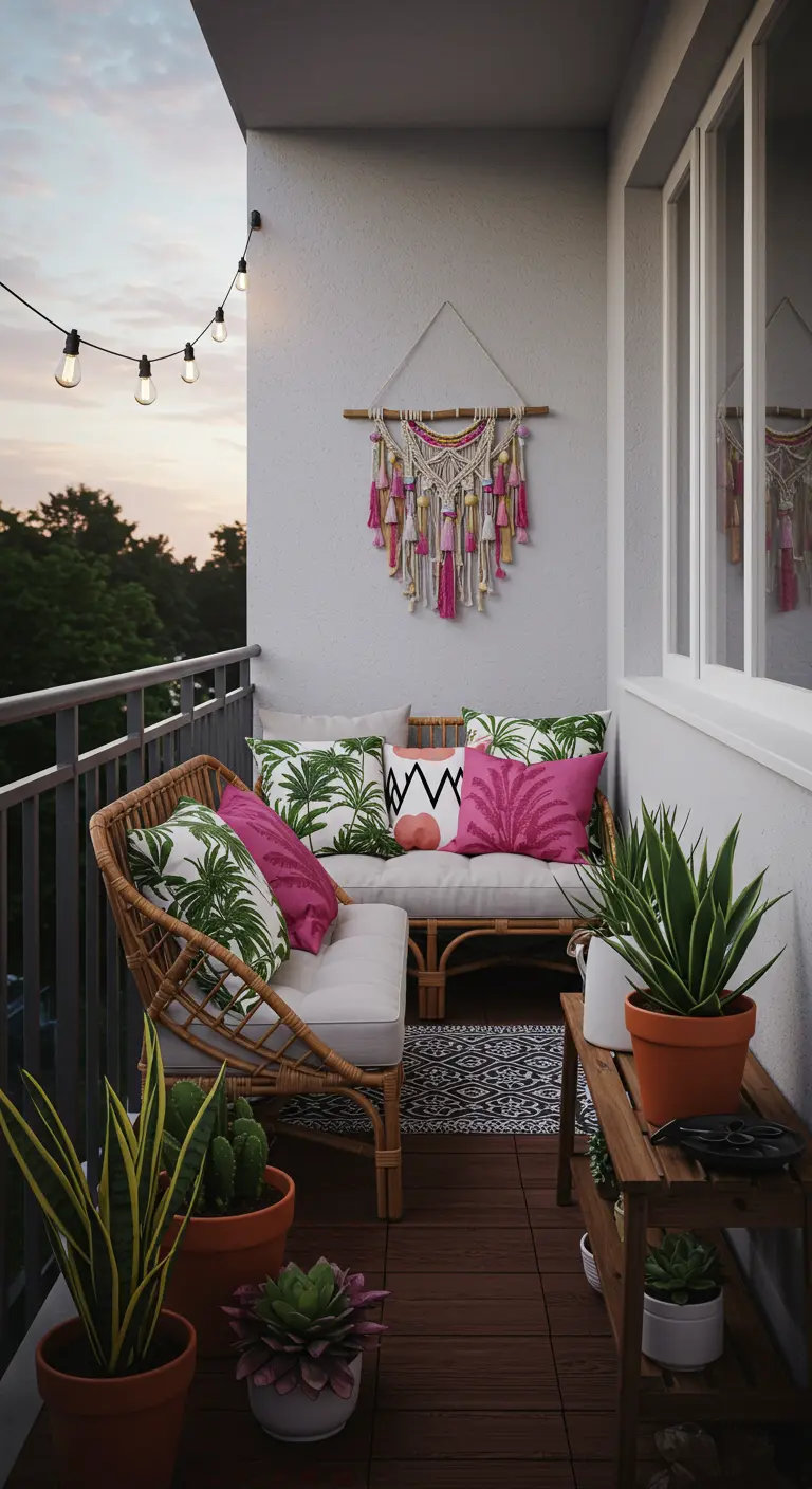 Cozy balcony with rattan furniture, macrame wall art, and pink palm-print pillows.