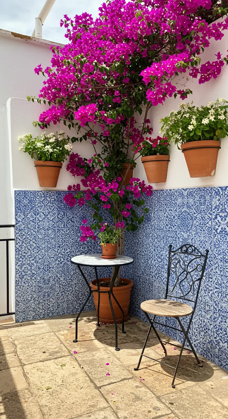 Mediterranean balcony with blue tiles, terracotta pots, and a blooming bougainvillea.