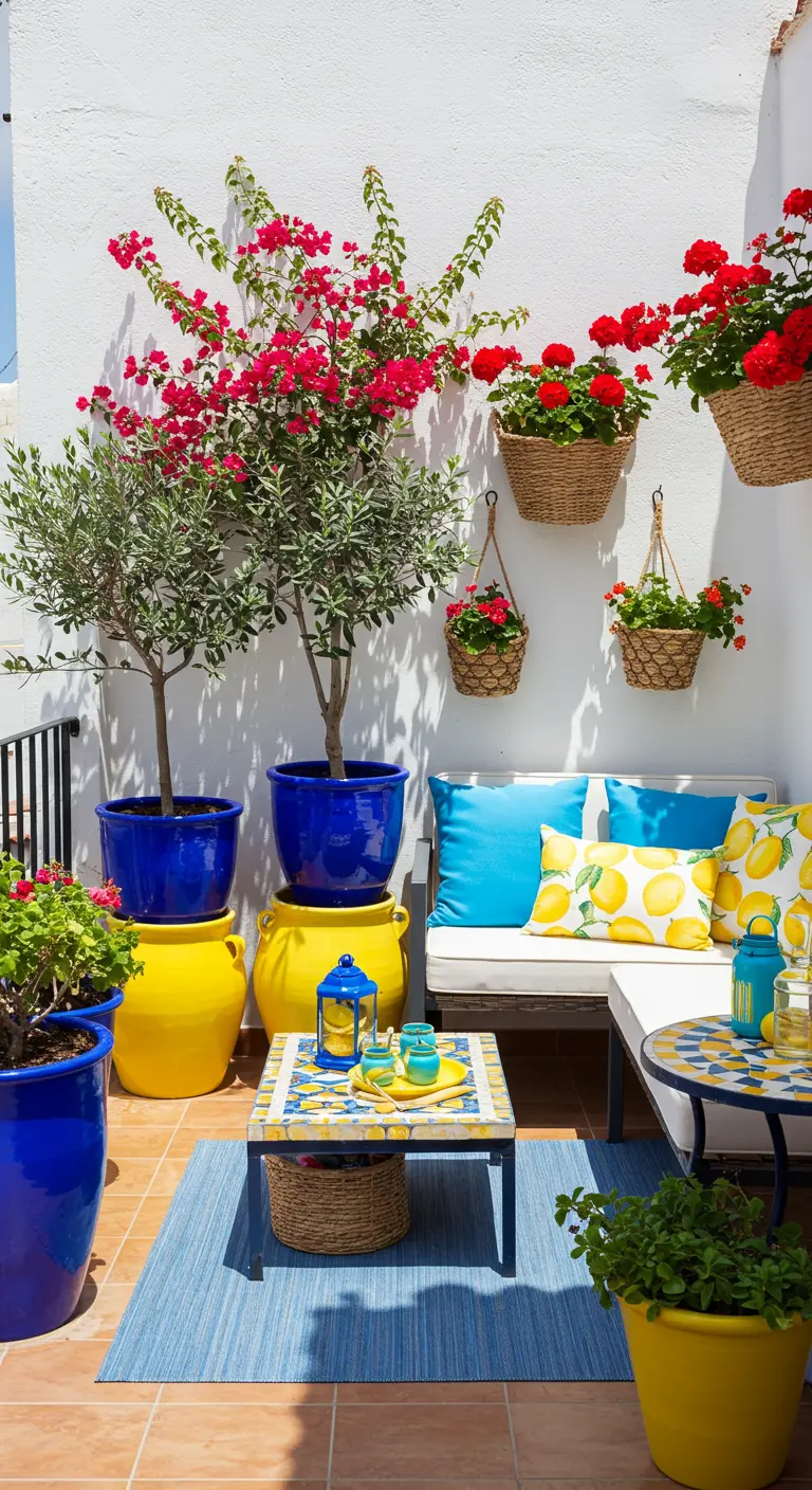 A sunny Mediterranean-style balcony with bright blue and yellow pots against a white wall.
