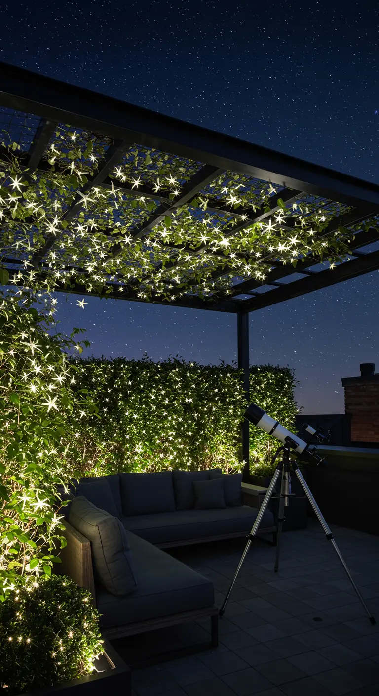 A rooftop pergola at night with its ceiling and back wall covered in ivy and star-shaped lights.