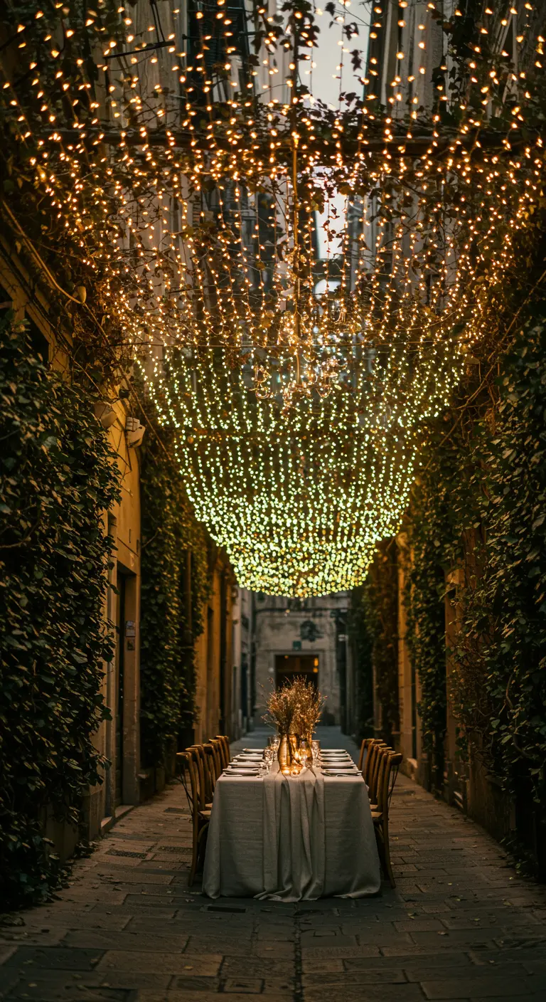 A long dining table in a narrow alleyway under a dense canopy of fairy lights.