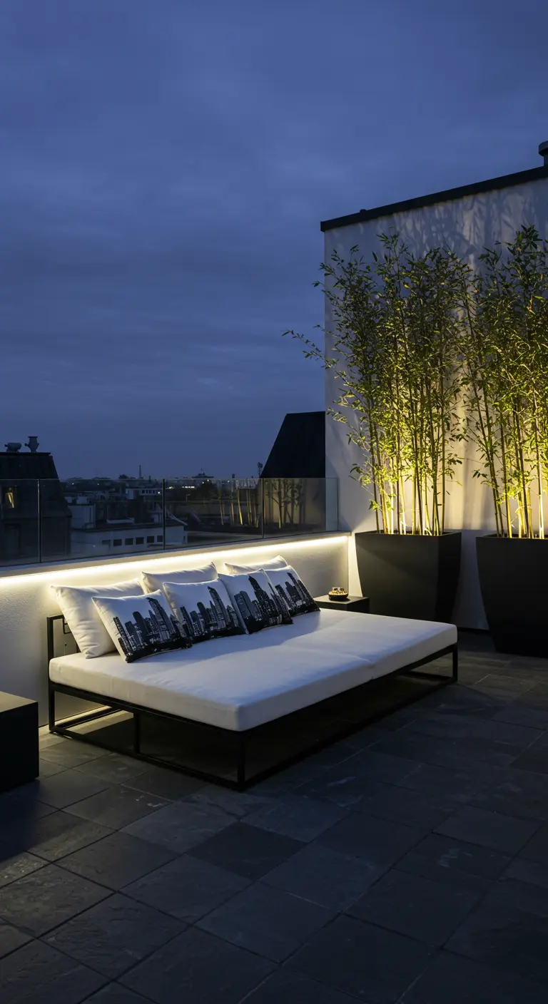 Rooftop daybed with pillows featuring a black and white city skyline.