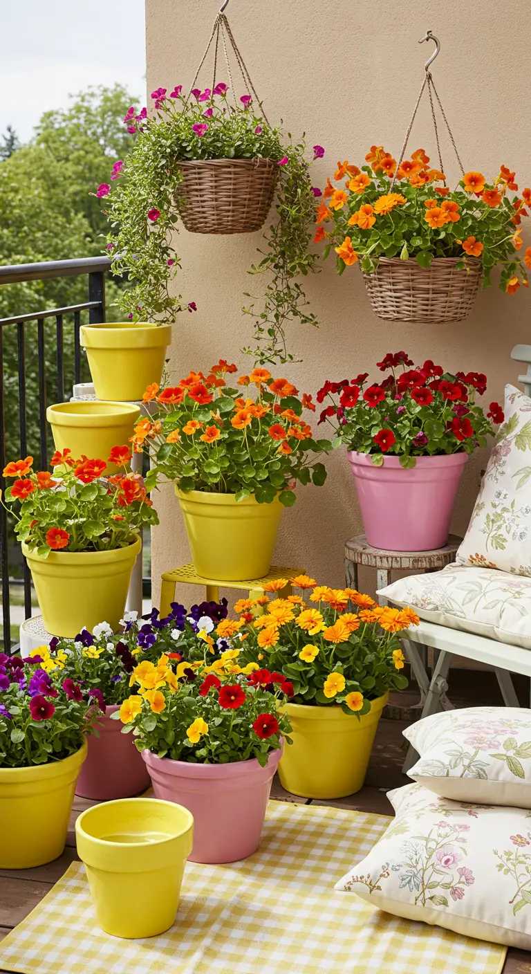 A cheerful balcony with yellow and pink pots, nasturtiums, and a yellow gingham accent.