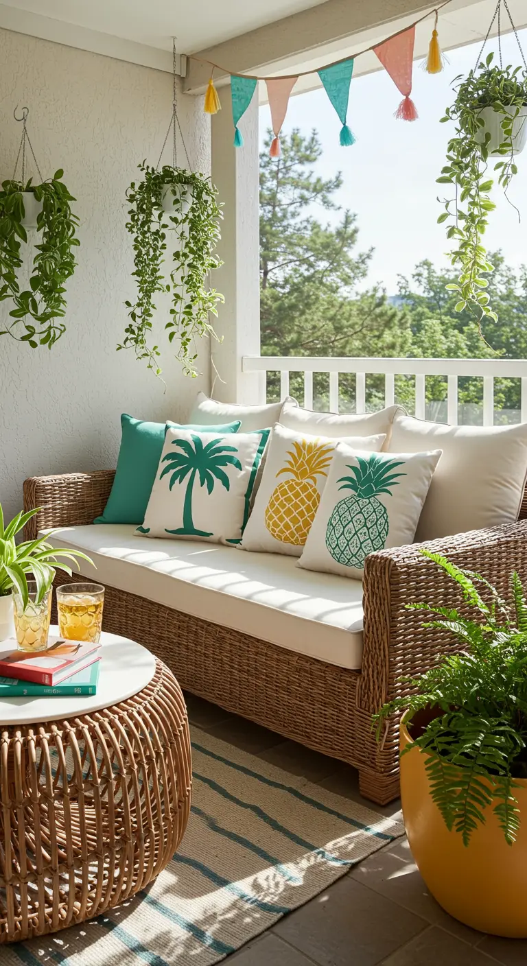 Balcony sofa with pineapple-print pillows, hanging plants, and a colorful pennant banner.