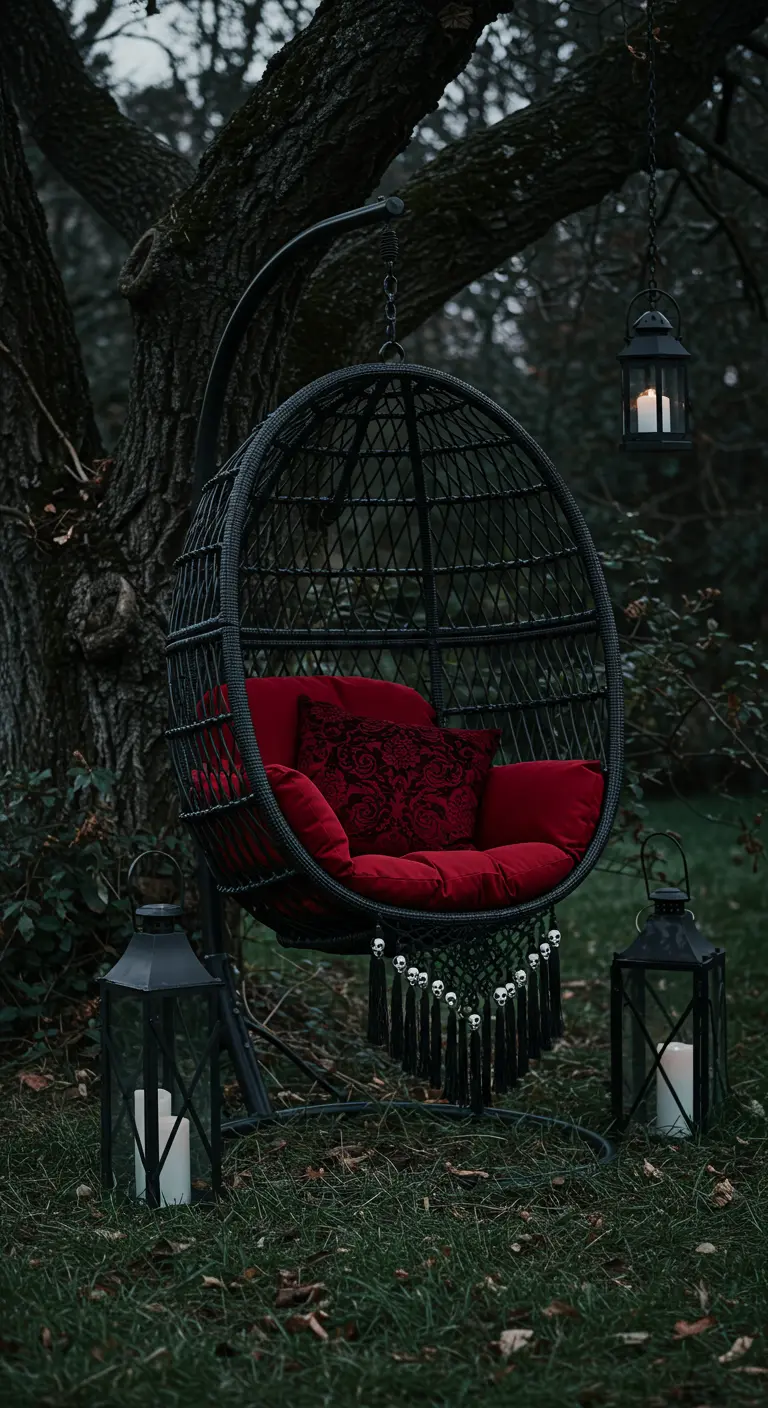 A black egg chair with red velvet cushions and skull tassels, creating a gothic mood.