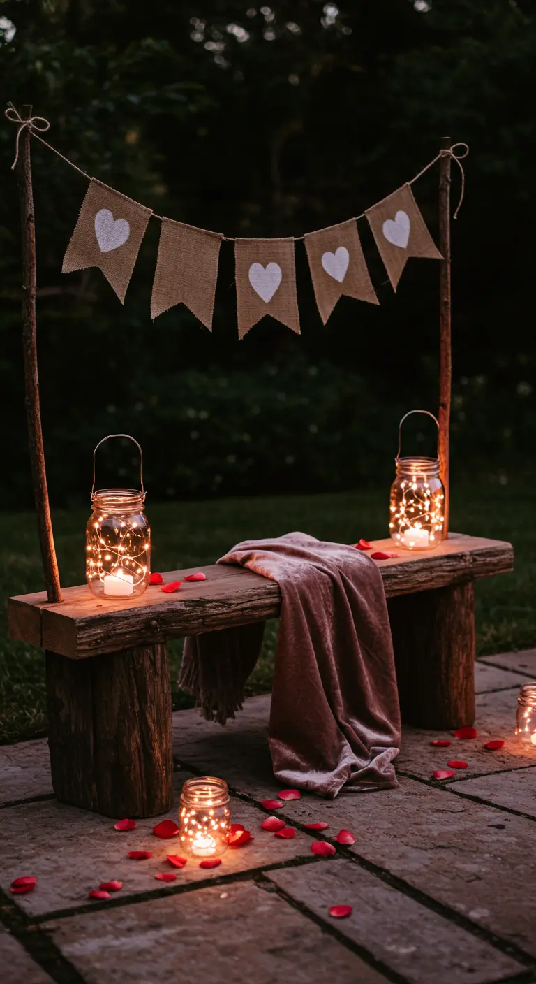 A rustic bench set for a romantic evening with a velvet throw, rose petals, and heart banner.