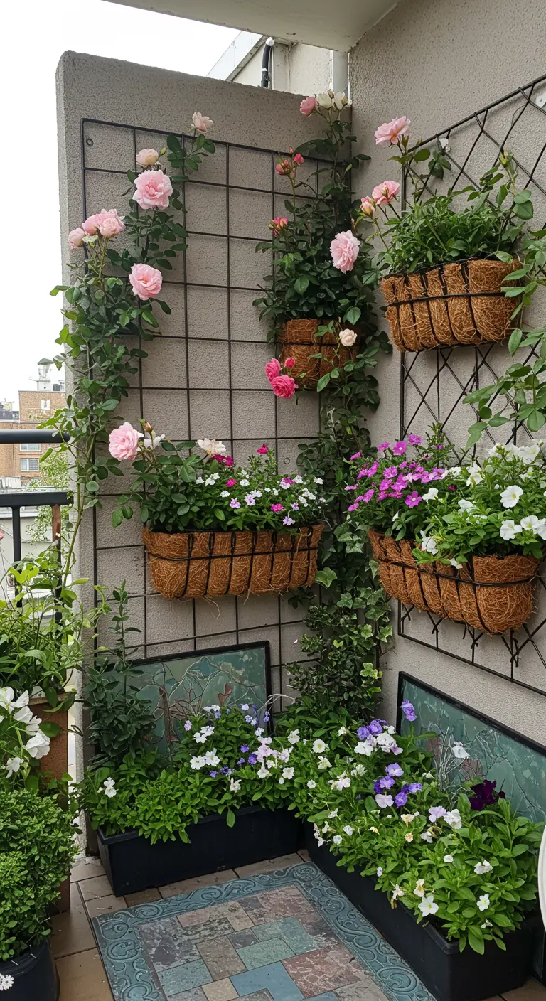 Balcony with a trellis wall covered in climbing roses and planters filled with flowers.