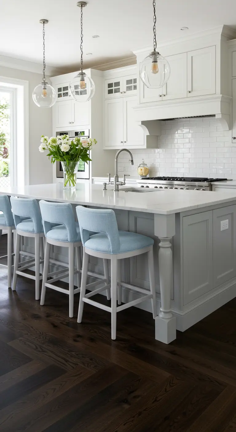All-white kitchen with a light grey island and pale blue upholstered bar stools.