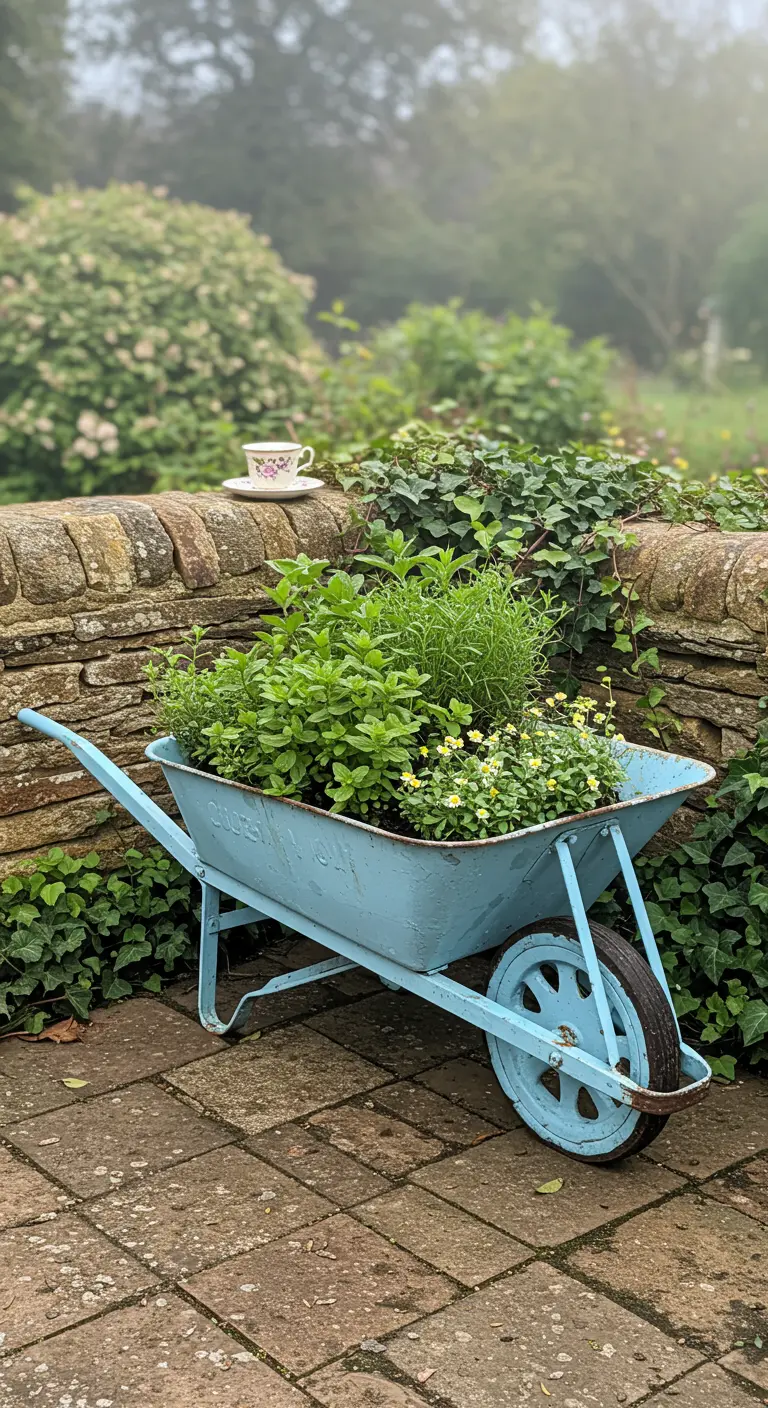 A weathered blue wheelbarrow brimming with mint and herbs next to a rustic stone wall.