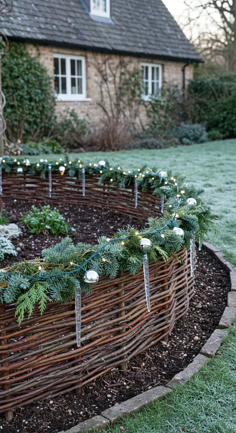 A woven willow garden border decorated with a fir garland, lights, silver bells, and glass icicles.