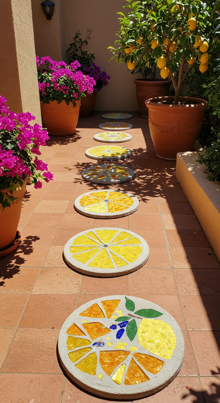 Round stepping stones decorated with yellow and orange mosaic lemon slice designs.