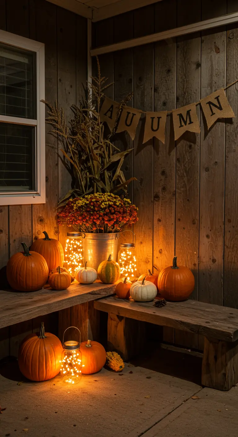 An autumn-themed porch with benches, pumpkins, mums, and an 'AUTUMN' banner.