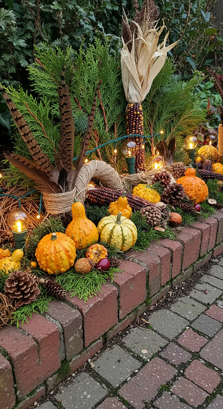 A brick garden edge topped with evergreens, gourds, Indian corn, feathers, pinecones, and lights.