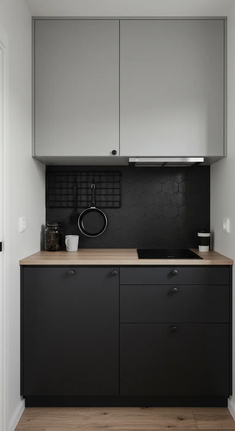 A minimalist kitchen with black and grey cabinets and a black hexagon tile backsplash.