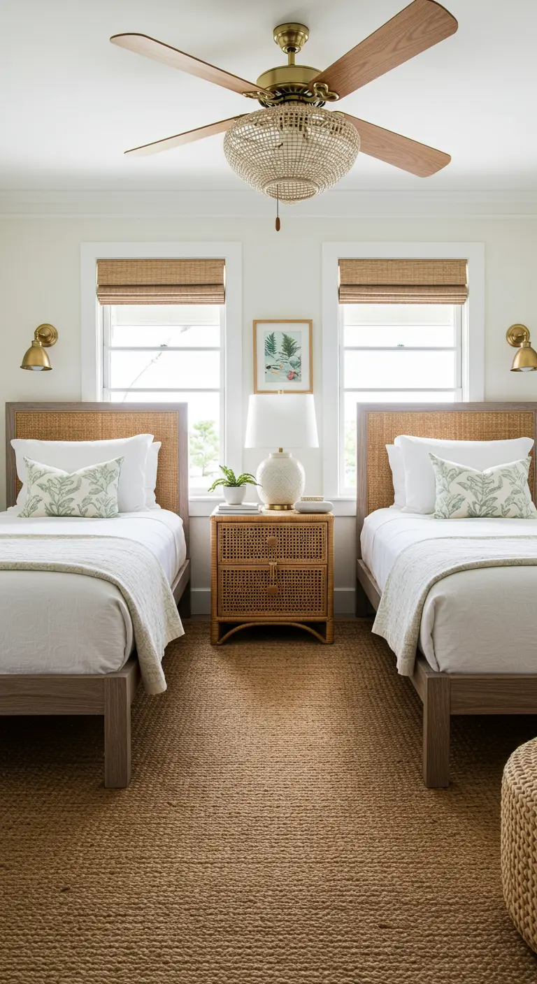 Symmetrical twin bedroom with woven headboards and a shared rattan nightstand.