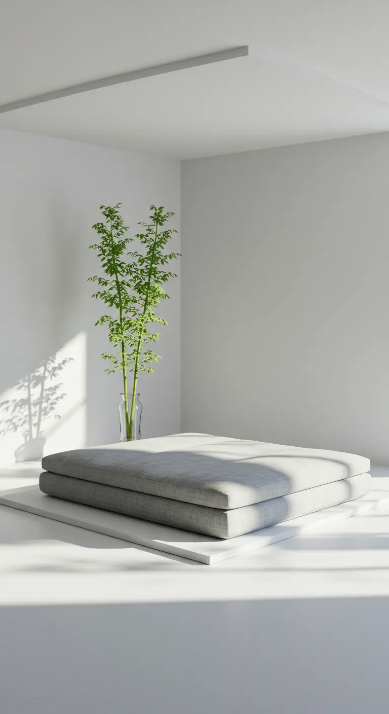 An all-white minimalist room with a floor mattress and a single bamboo plant.