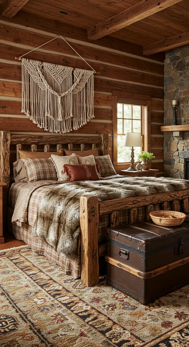 A rustic log cabin bedroom with a large macramé hanging on the log wall.