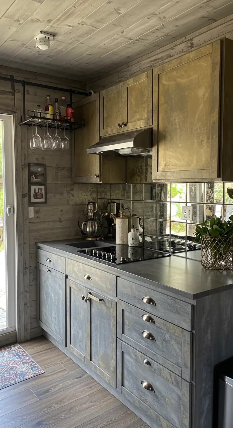 Kitchen with distressed, faux-finished grey and gold cabinets and a mirrored tile backsplash.