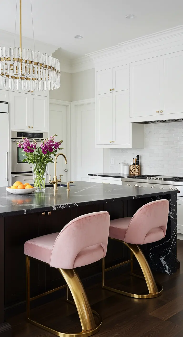 White kitchen with black waterfall island and pink velvet stools with sculptural brass bases.