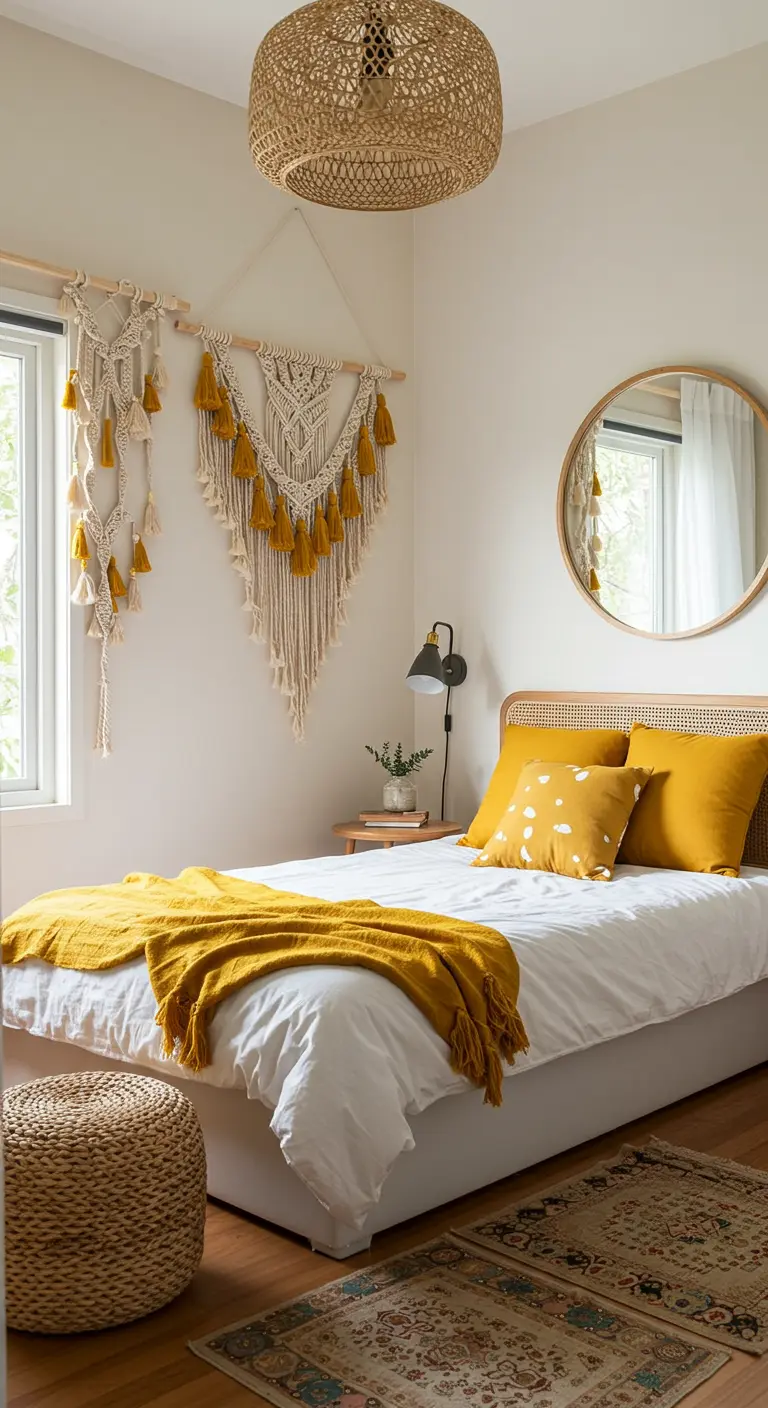A bright bedroom featuring a macramé hanging with yellow tassels and matching yellow pillows.