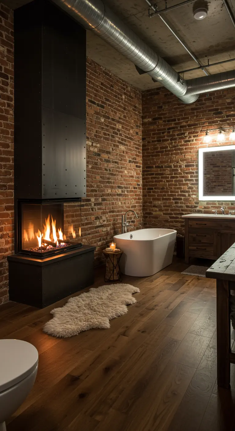 Rustic bathroom with a freestanding tub next to a modern black fireplace.