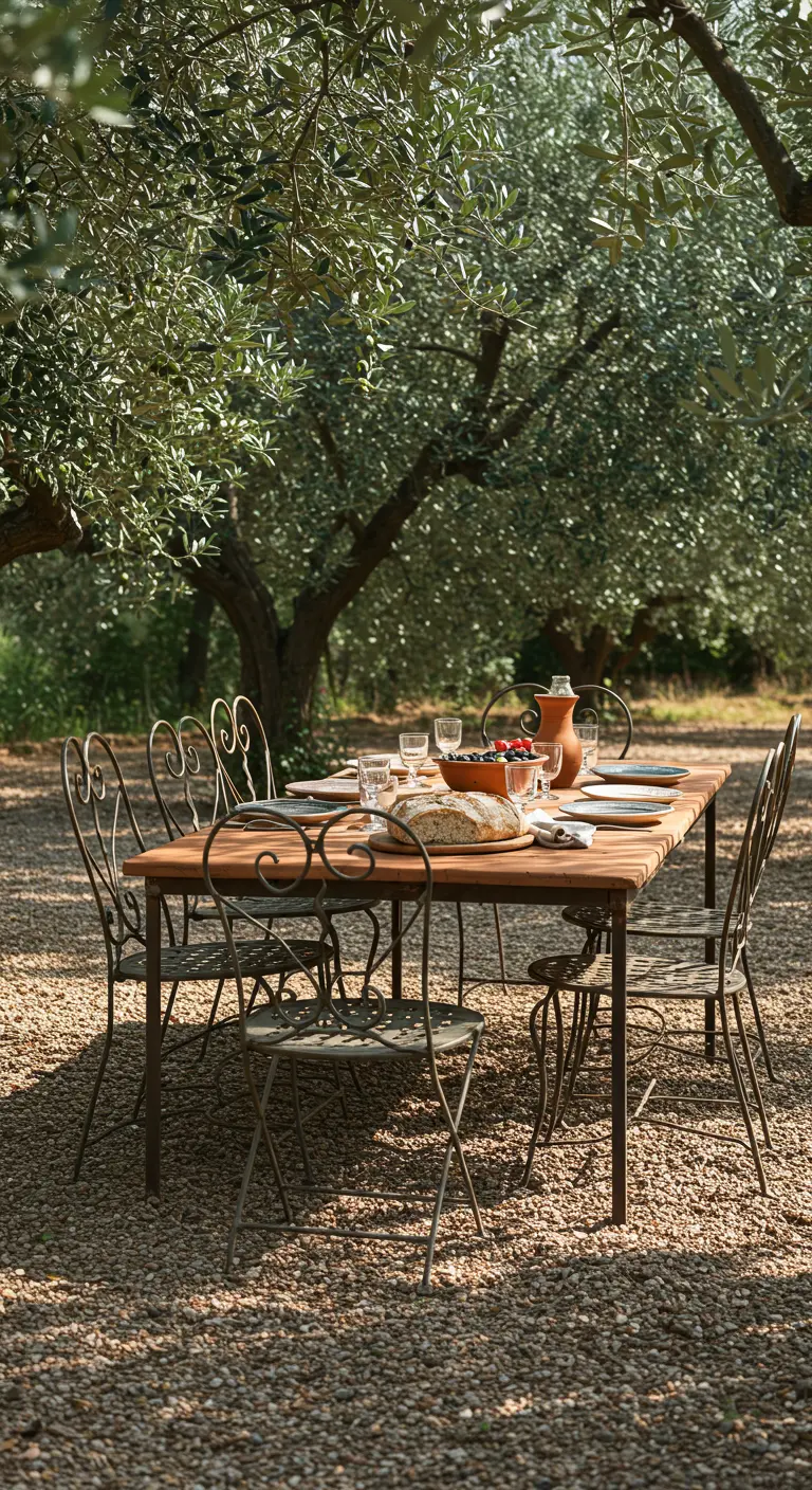 Long wooden table with iron chairs set for a meal on a gravel patio under olive trees.
