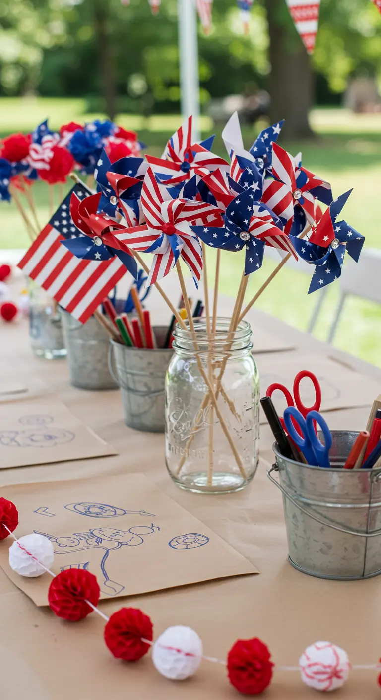 Kids' craft table for the Fourth of July with mason jars, pinwheels, and craft supplies.