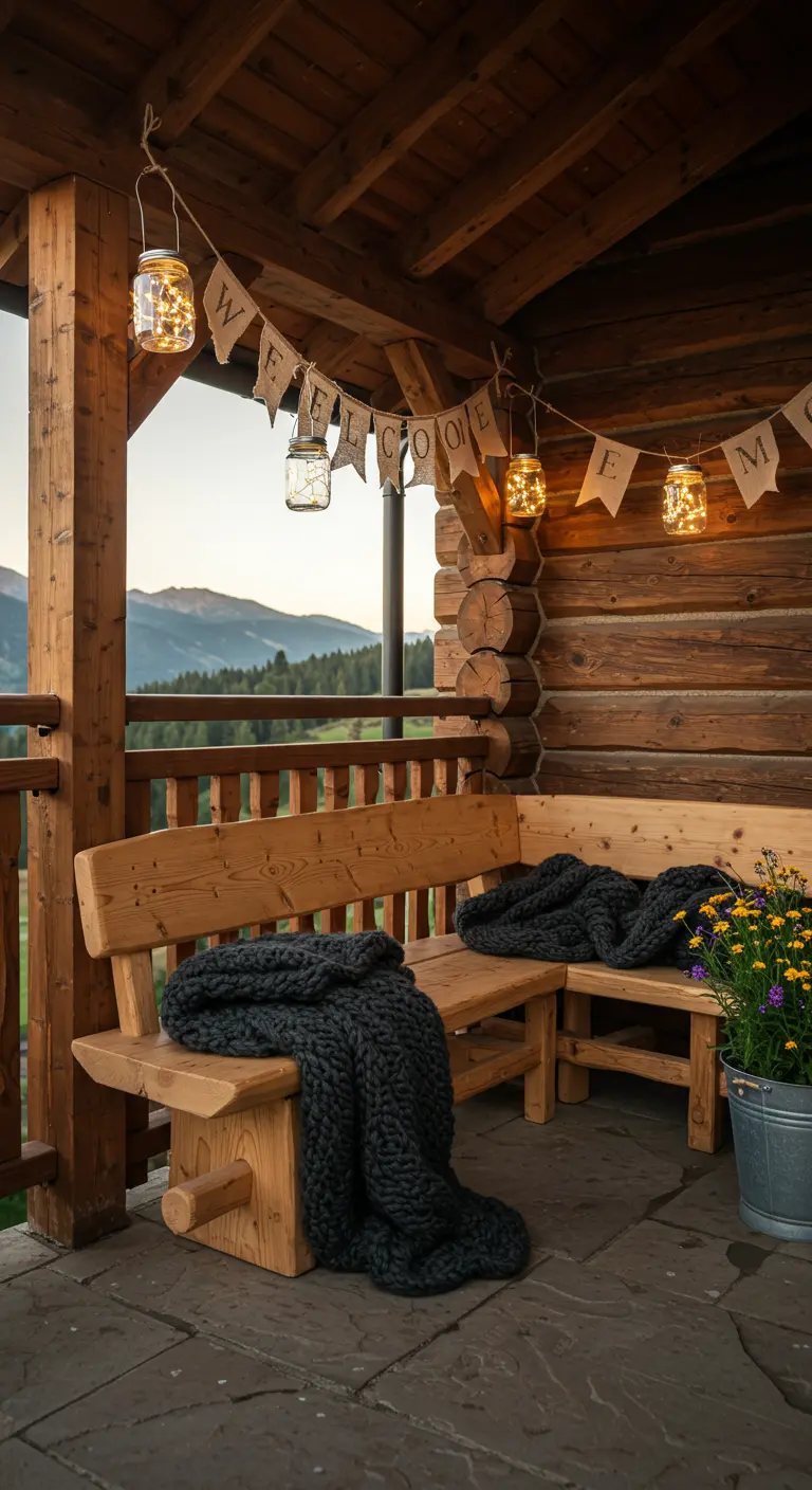 Rustic log cabin porch with a corner bench, chunky knit blanket, and 'Welcome' banner.
