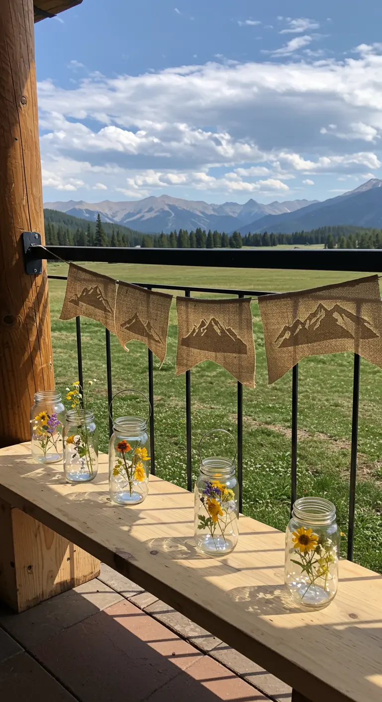 A bench on a balcony with a mountain view, decorated with wildflowers in jars.