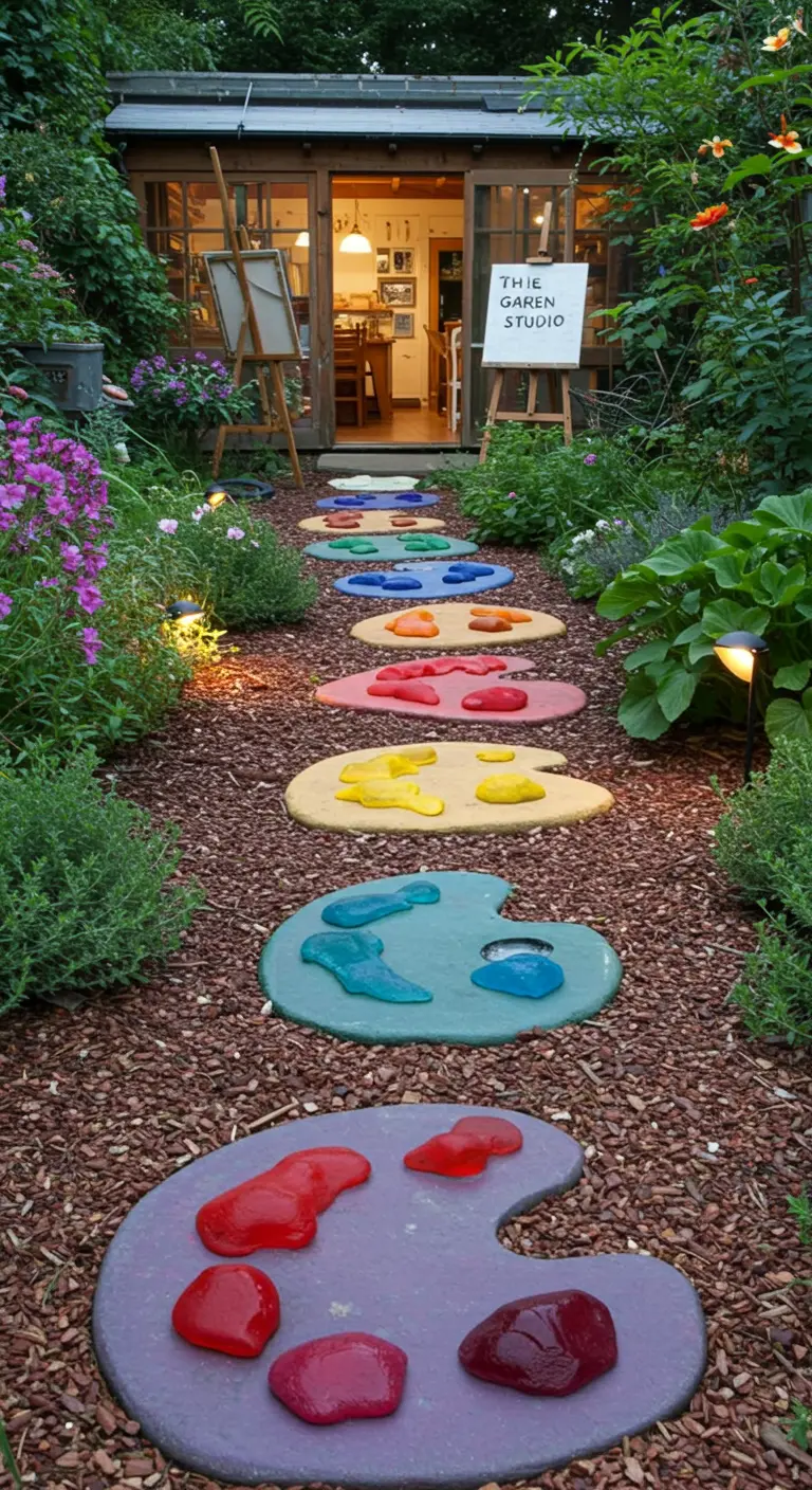 Stepping stones shaped like artist's palettes with colorful glass 'paint' dabs.
