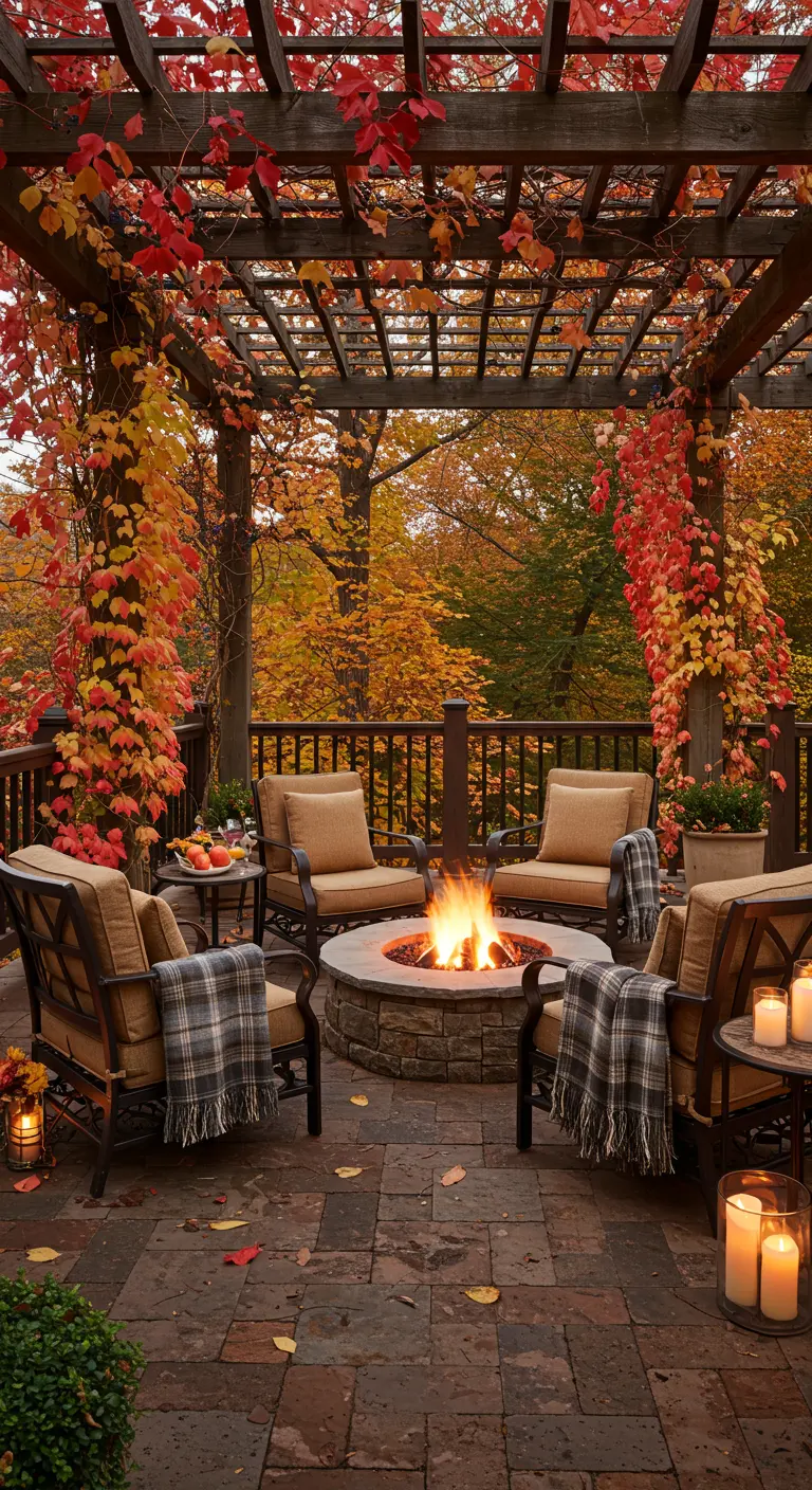 A patio with a fire pit surrounded by chairs under a pergola covered in red and orange autumn leaves.