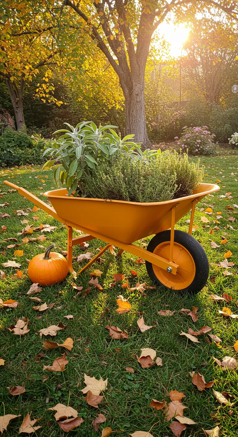 A marigold-yellow wheelbarrow with herbs sits on a lawn with fallen leaves and a small pumpkin.