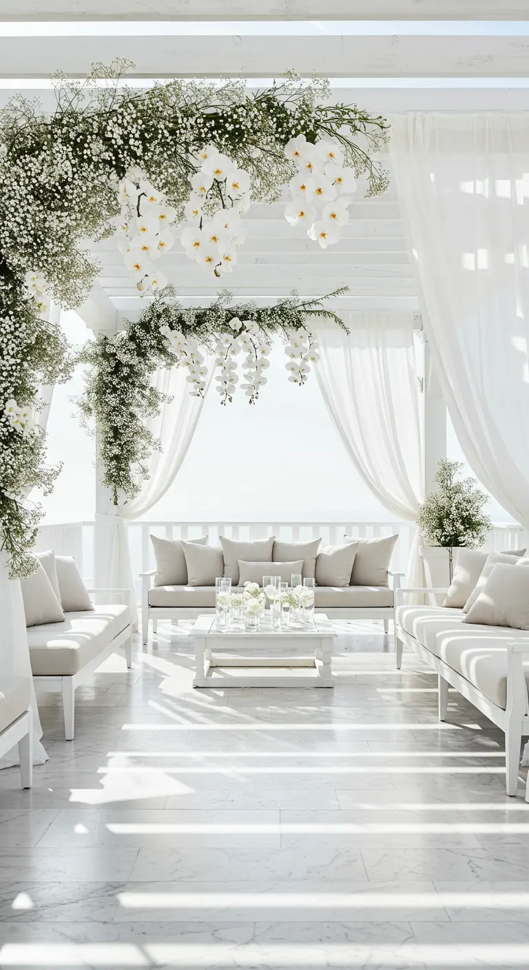 An all-white terrace lounge with a pergola draped in baby's breath, orchids, and sheer fabric.