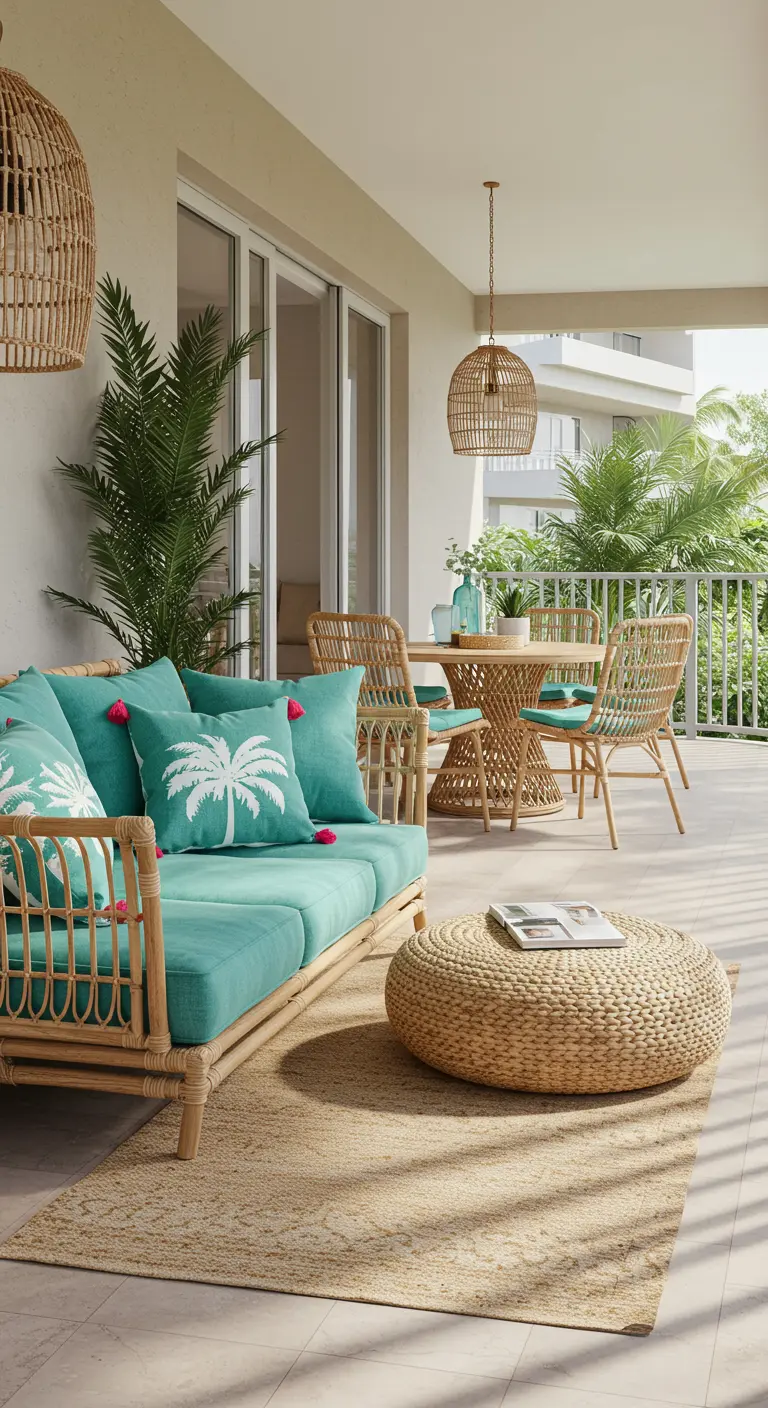 Balcony with turquoise-cushioned rattan sofa and dining set, with woven pendant lights.