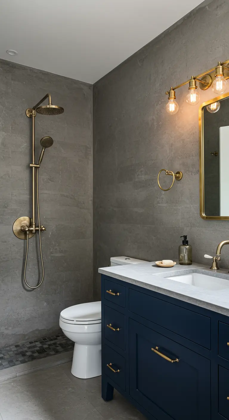 Industrial bathroom with grey walls, a navy blue vanity, and brass hardware.