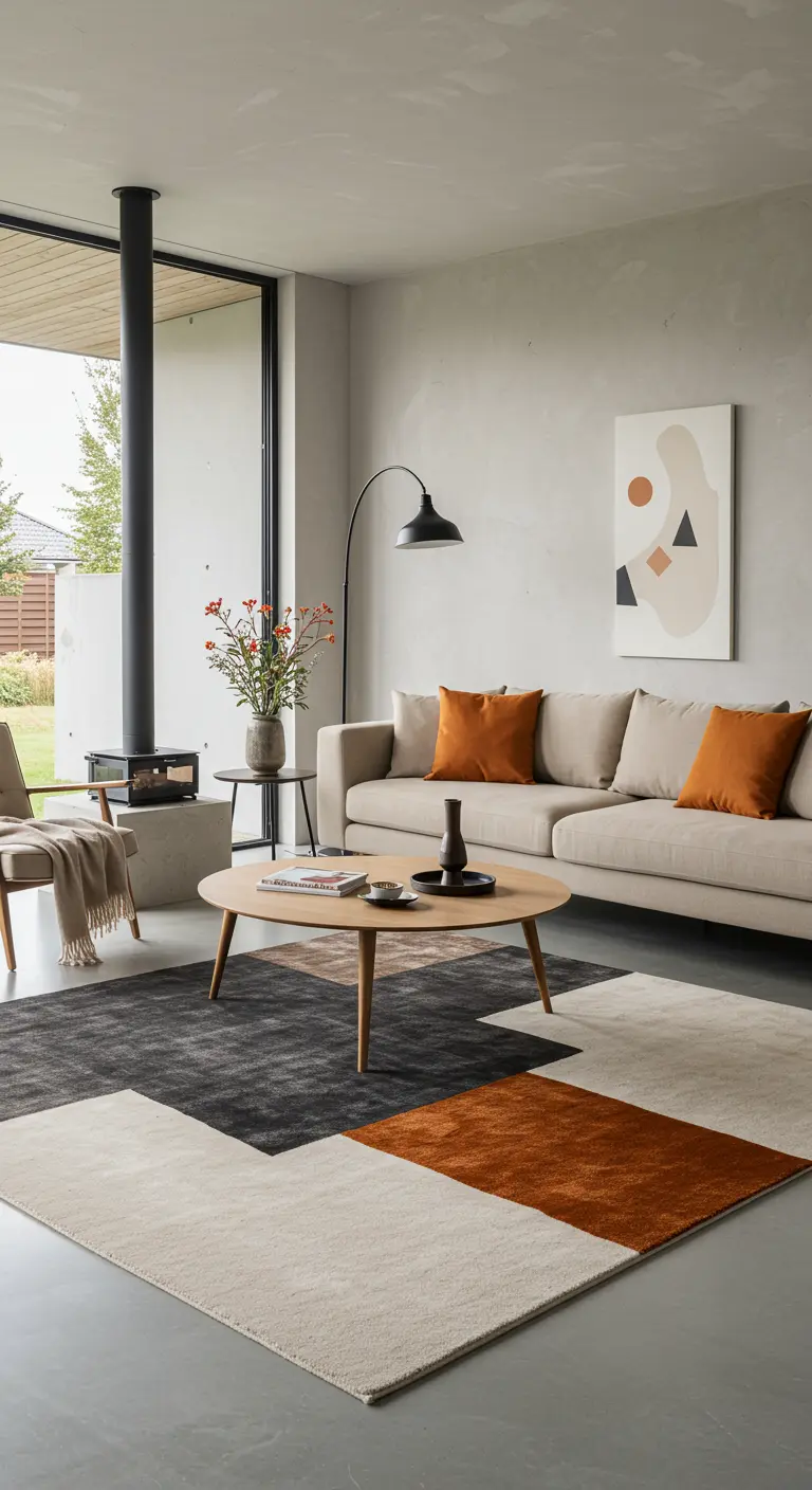 Living room with a color-block rug in orange, charcoal, and beige.