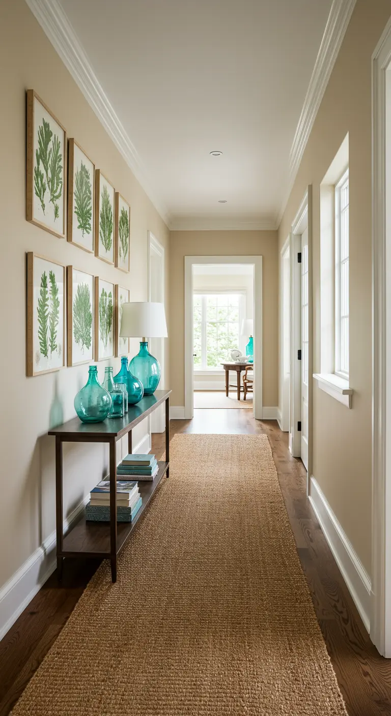 A long hallway decorated with framed botanical prints and blue glass vases.
