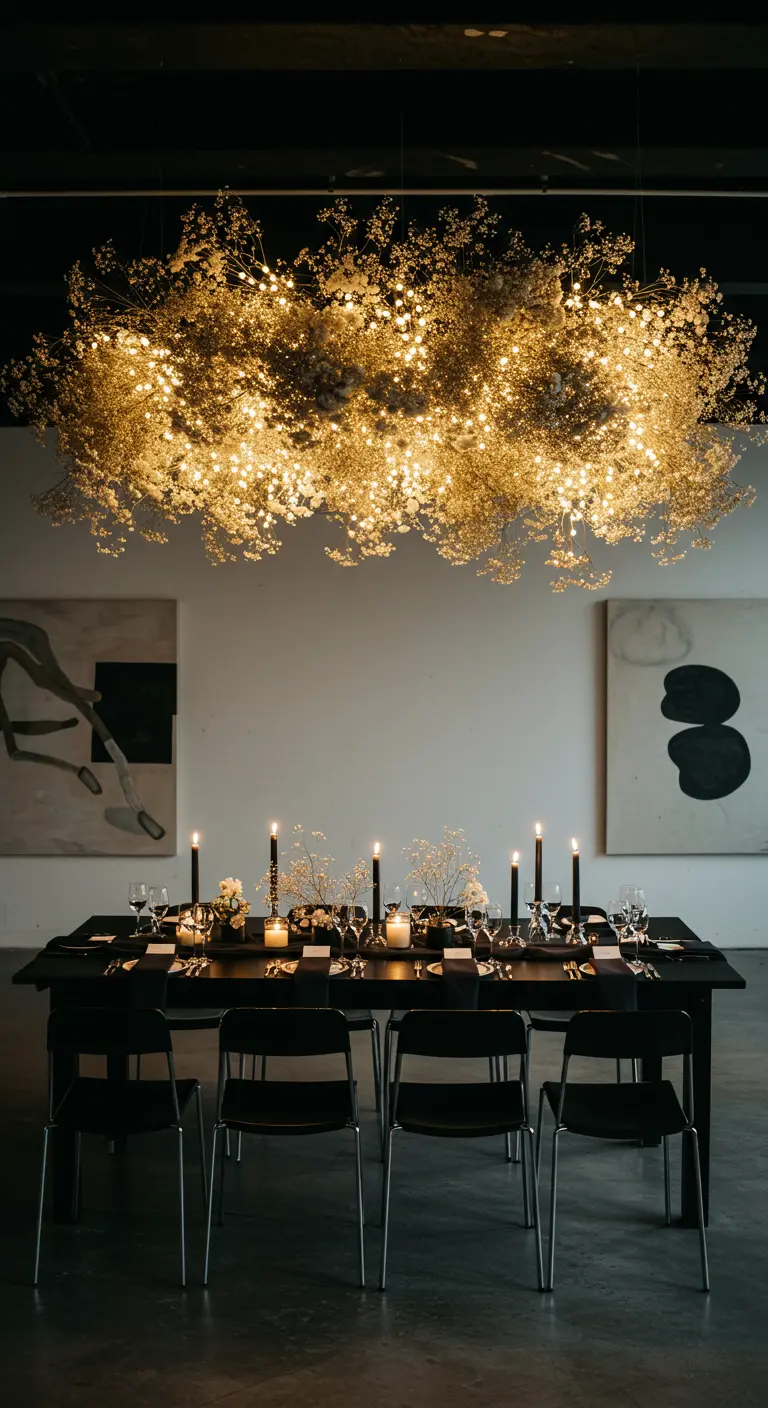 Sleek black table under a huge, illuminated baby's breath chandelier in a modern gallery.