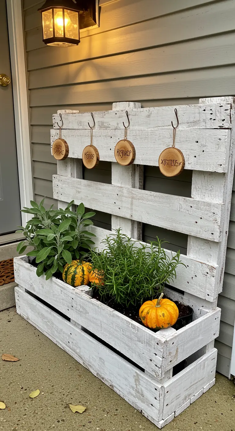 A whitewashed pallet planter with herbs, mini pumpkins, and hanging wood-slice labels.