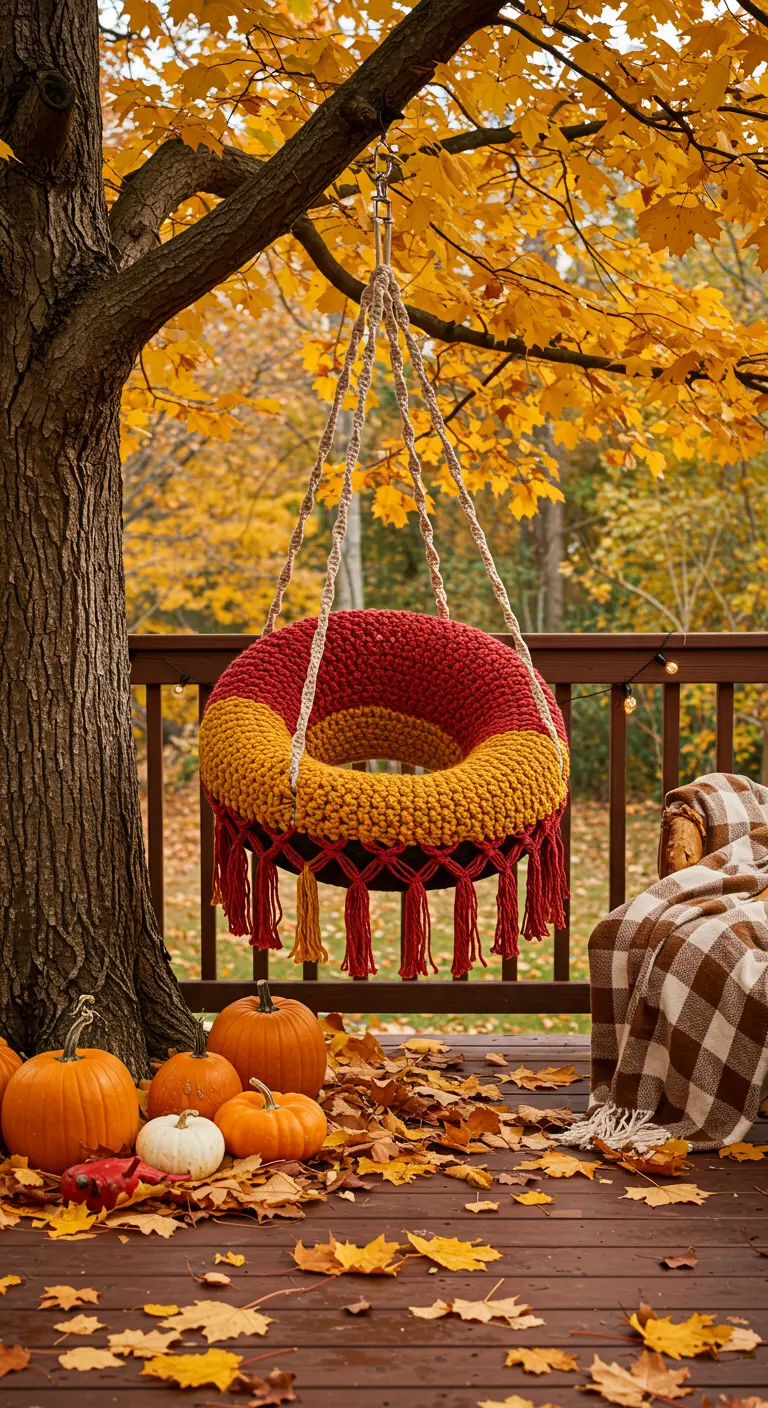 Red and yellow chunky knit tire swing on a deck with fall leaves.